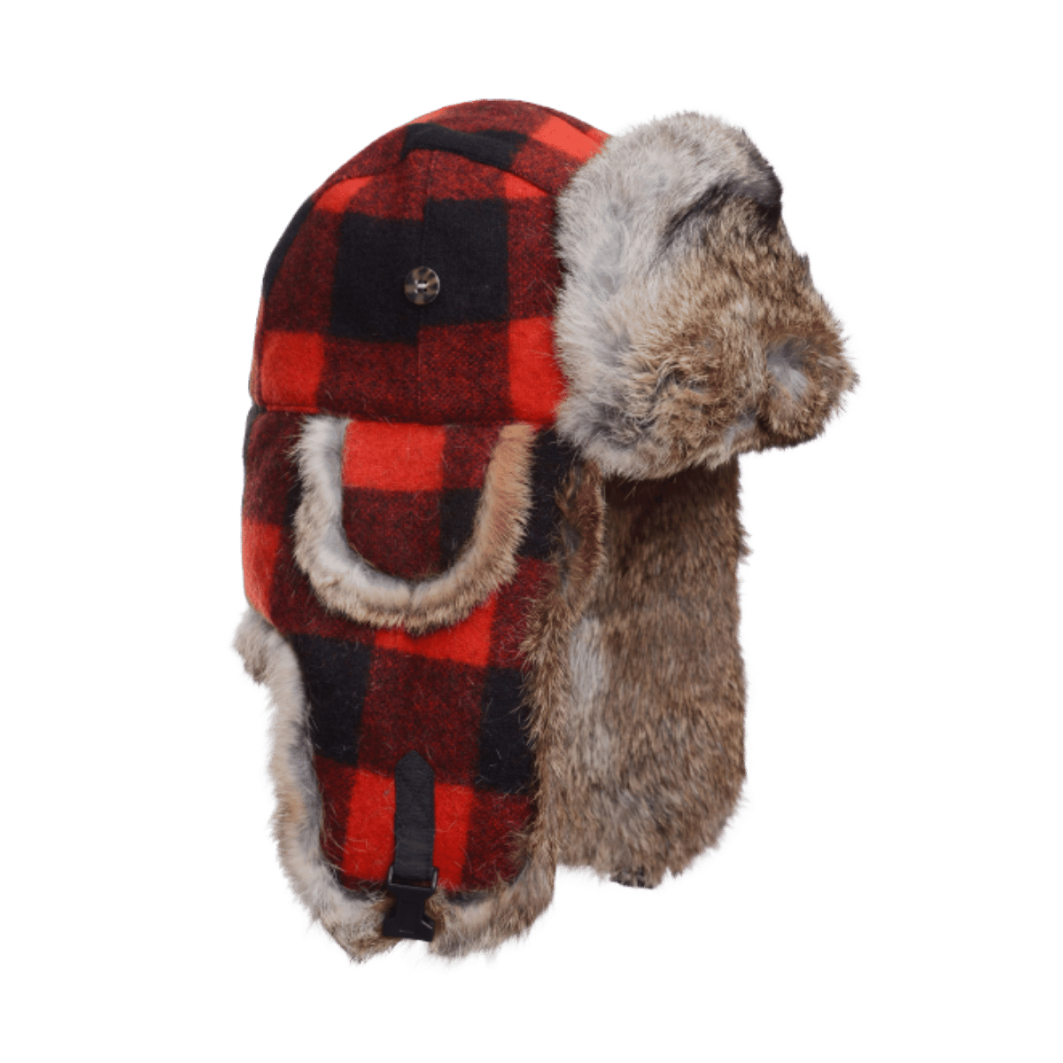 MAD BOMBER WOOL RED/BLACK PLAID WITH BROWN FUR - SIDE VIEW