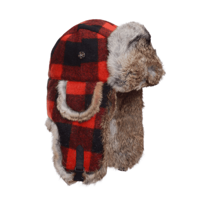 MAD BOMBER WOOL RED/BLACK PLAID WITH BROWN FUR - SIDE VIEW