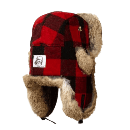 MAD BOMBER HAT KIDS - RED PLAID WOOL WITH GREY RABBIT FUR_BACK ANGLE