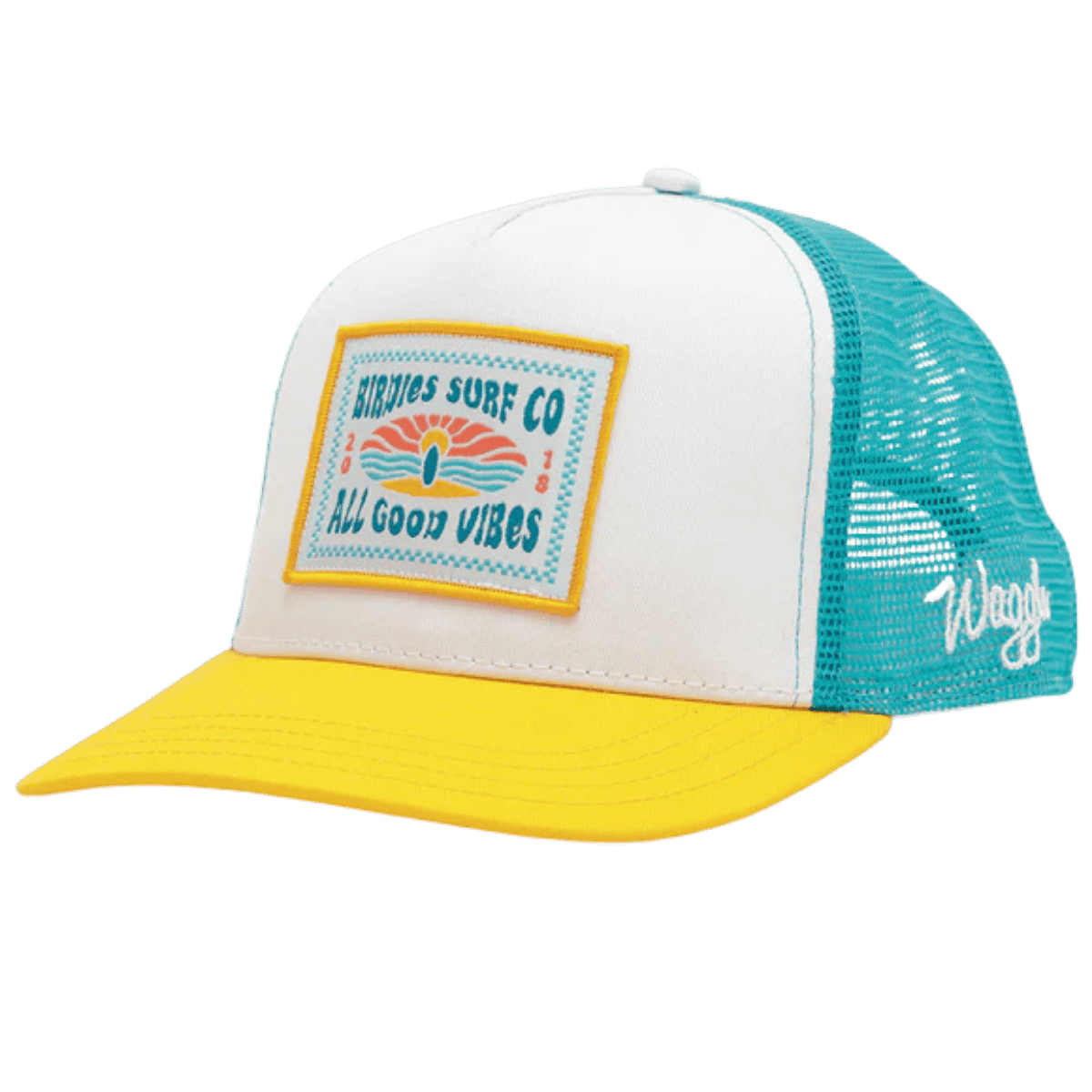 WAGGLE GOLF BIRDIE'S SURF CO TRUCKER HAT WHITE FRONT SIDE VIEW