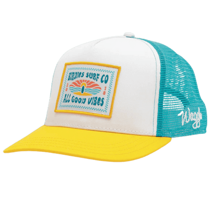 WAGGLE GOLF BIRDIE'S SURF CO TRUCKER HAT WHITE FRONT SIDE VIEW