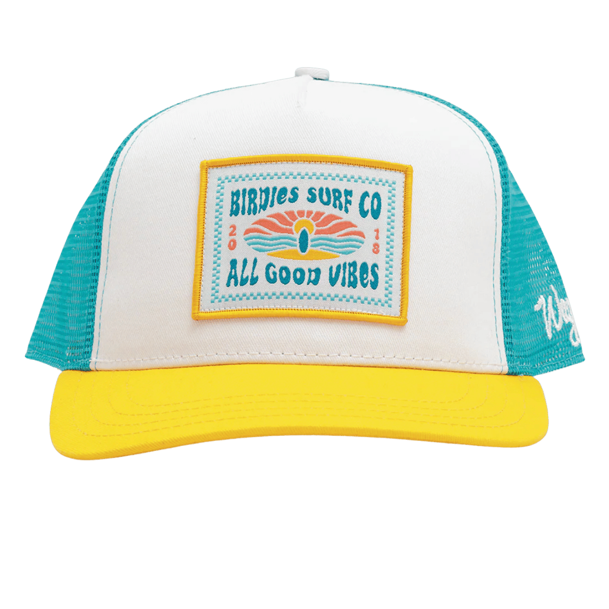 WAGGLE GOLF BIRDIE'S SURF CO TRUCKER HAT WHITE FRONT VIEW