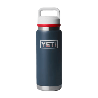 YETI RAMBLER 26OZ WATER BOTTLE + COLOR BLOCKED CHUG CAP - NAVY WHITE RESCUE RED BADGE