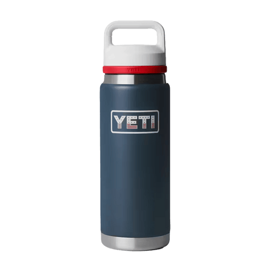 YETI RAMBLER 26OZ WATER BOTTLE + COLOR BLOCKED CHUG CAP - NAVY WHITE RESCUE RED BADGE