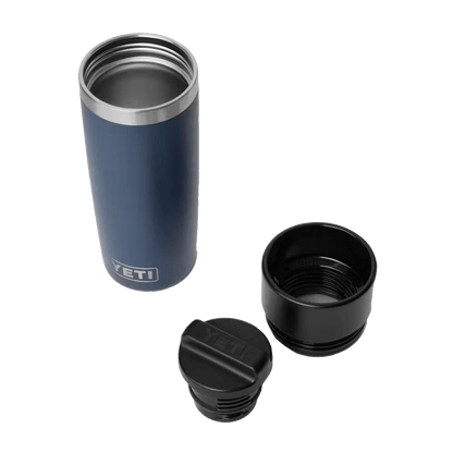 Blue YETI tumbler with black lid and cup on a white background