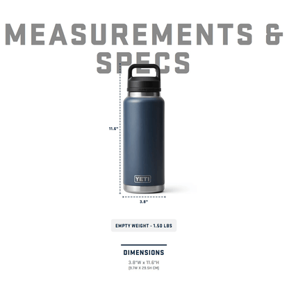 YETI water bottle with measurements and specifications on a white background