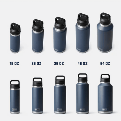 Set of YETI water bottles in various sizes on a white background