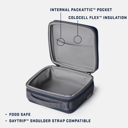 Gray insulated food container with features highlighted on a white background