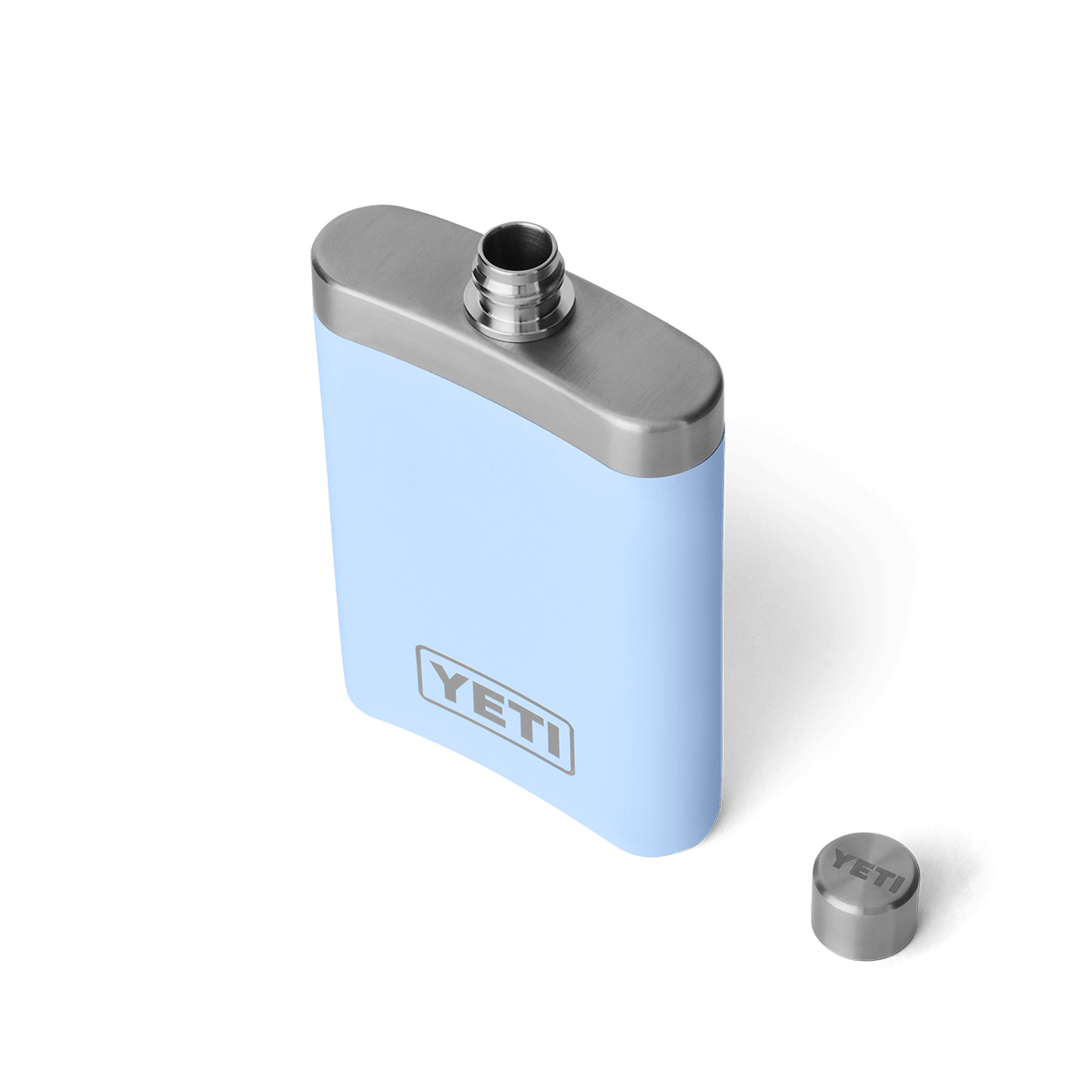 Light blue YETI flask with a silver cap