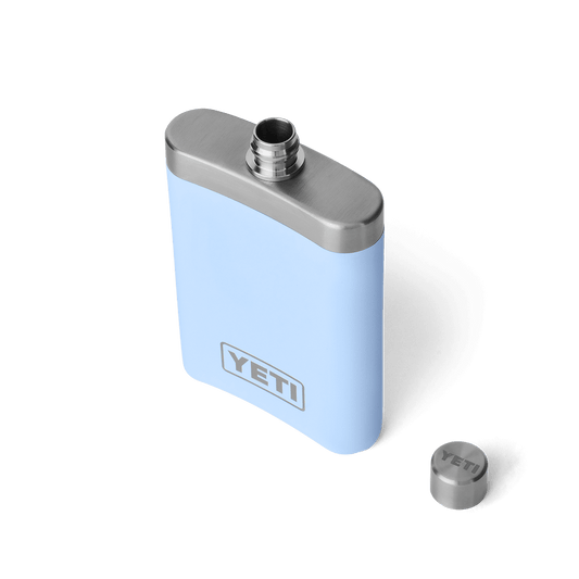 Light blue YETI flask with a silver cap