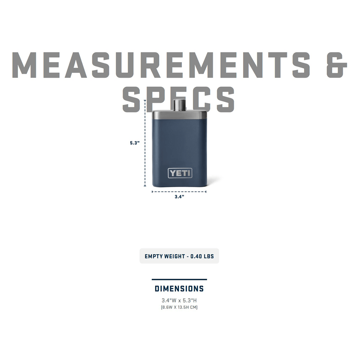 YETI water bottle with measurements and specifications on a white background