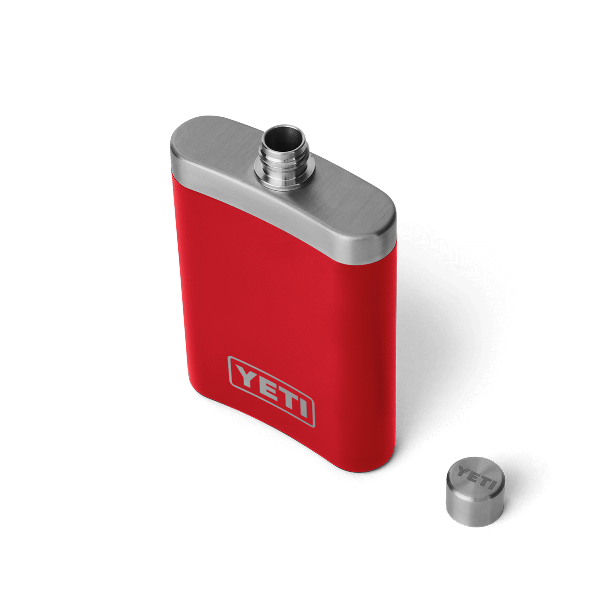Red YETI hip flask with silver cap