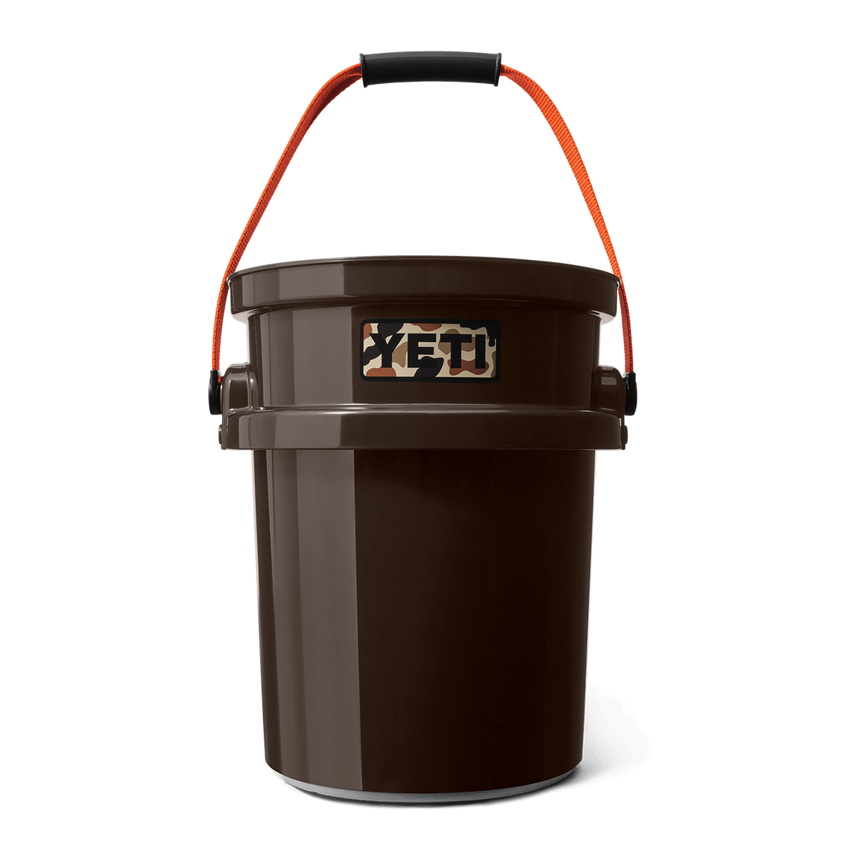 Brown YETI bucket with orange handle.
