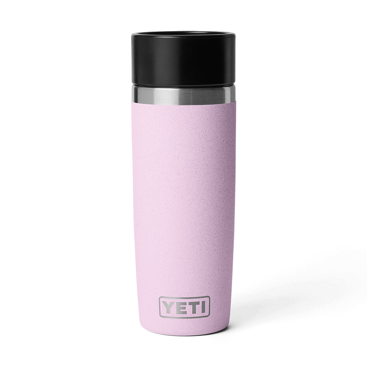 Pink YETI mug with a black lid 