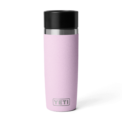 Pink YETI mug with a black lid 