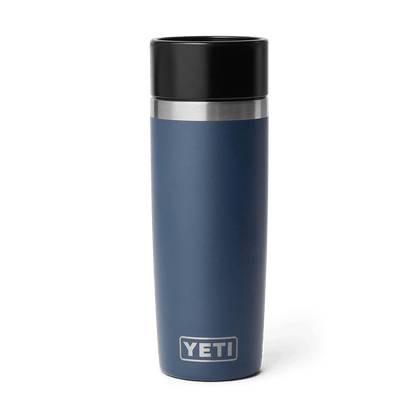 Blue YETI mug with a black lid