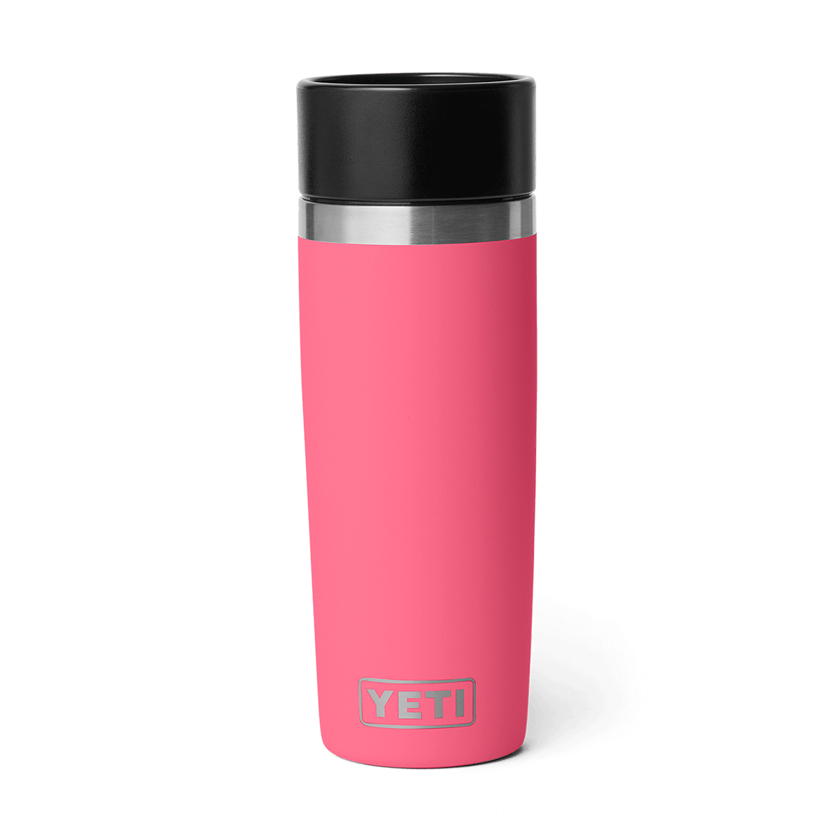 Pink YETI mug with black lid 