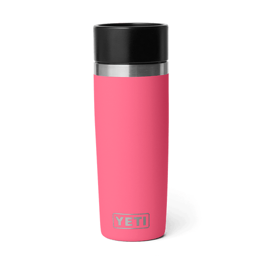 Pink YETI mug with black lid 