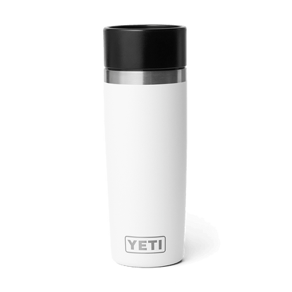 White YETI mug with a black lid 