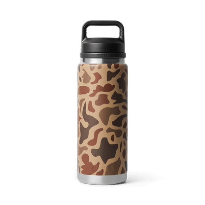 YETI Rambler 26 oz Bottle with Chug Cap in Wetlands Camo color pattern, featuring an abstract brown and tan camouflage design with a durable black lid and wide handle.