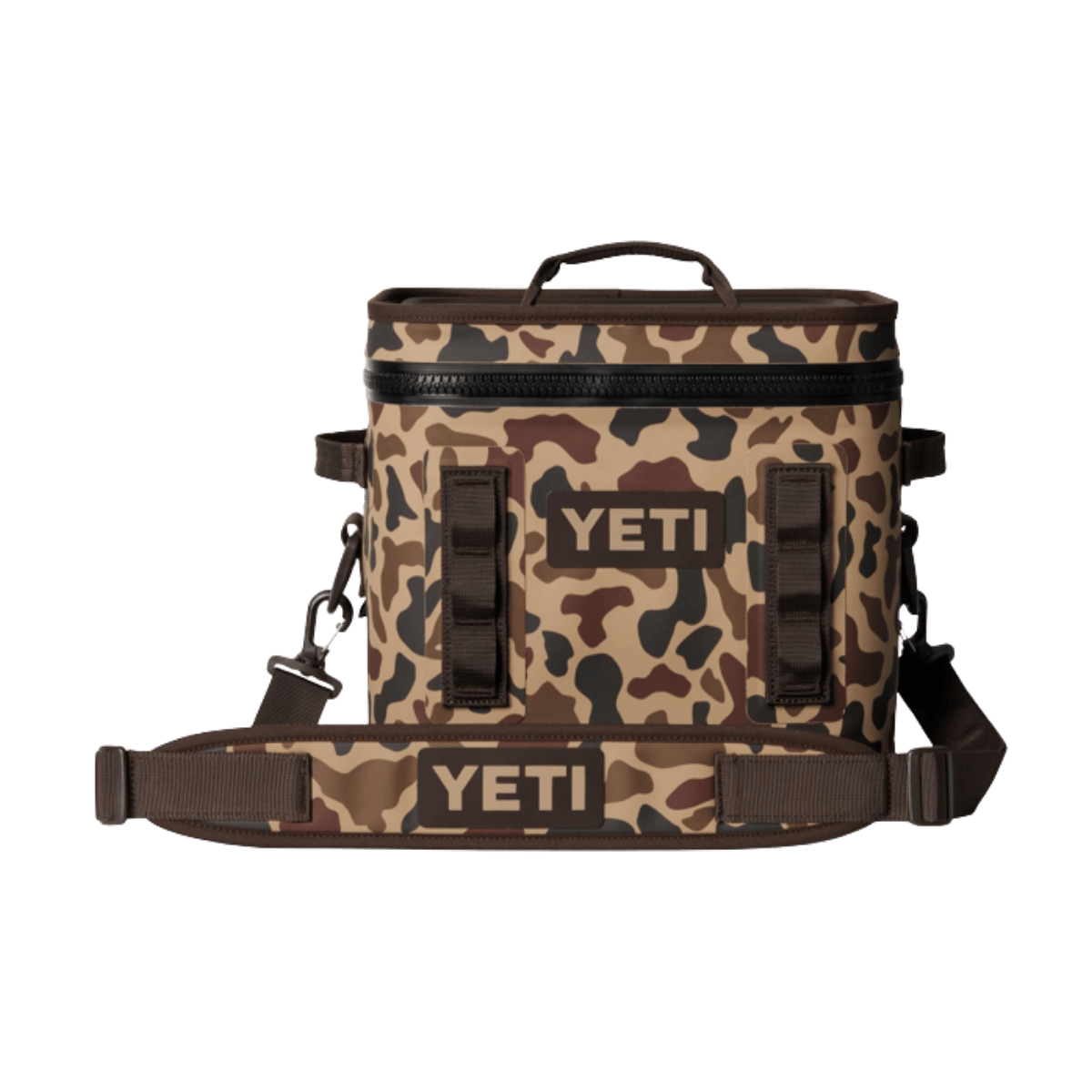 YETI PREMIUM HOPPER FLIP 12 - WETLANDS CAMO - FRONT VIEW (WITH STRAP)
