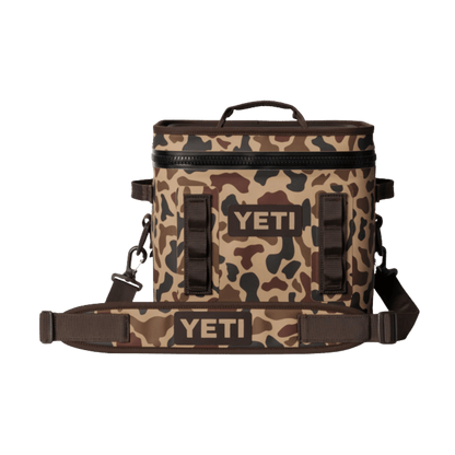 YETI PREMIUM HOPPER FLIP 12 - WETLANDS CAMO - FRONT VIEW (WITH STRAP)