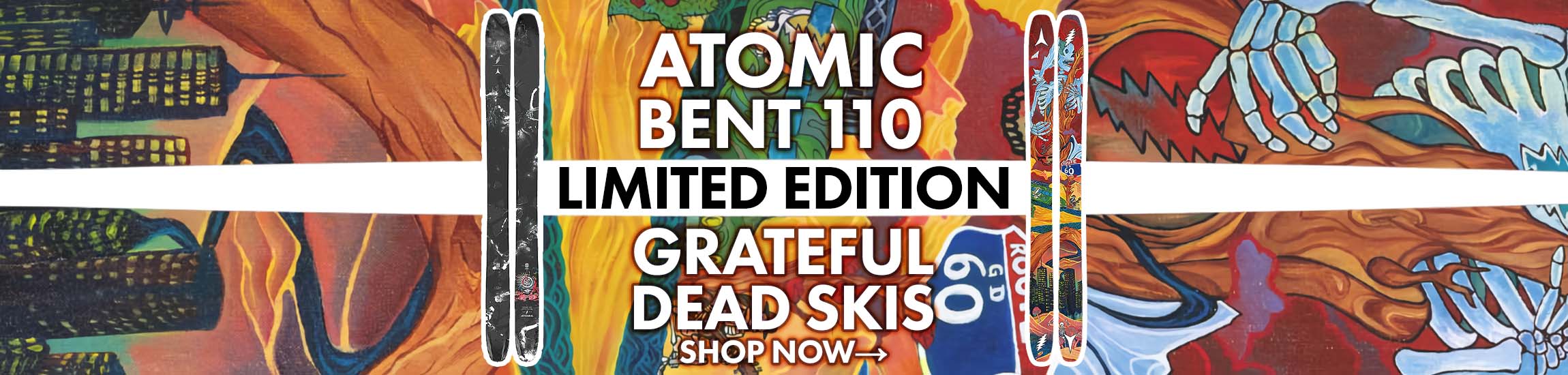 Atomic Bent 110 Limited Edition Grateful Dead skiis with colorful design and text.