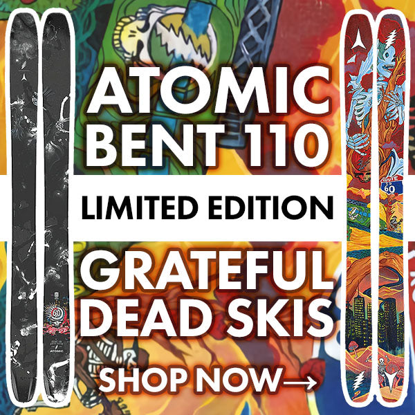 Two skis with colorful designs and 'Atomic Bent 110 Grateful Dead Limited Edition' text on a vibrant background.