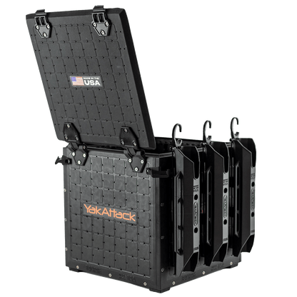 BLACKPAK PRO KAYAK CRATE - 13" x 13" with rod holders and the lid open