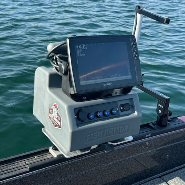 Fish Armor Pro Lite Pole Holder Docking Plate showing another angle of it mounted on a boat