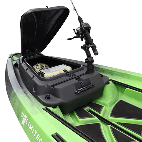 NUCANOE GEARPOD ACCESSORY on a canoe open with a fishing pole.