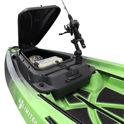 NUCANOE GEARPOD ACCESSORY on a canoe open with a fishing pole.