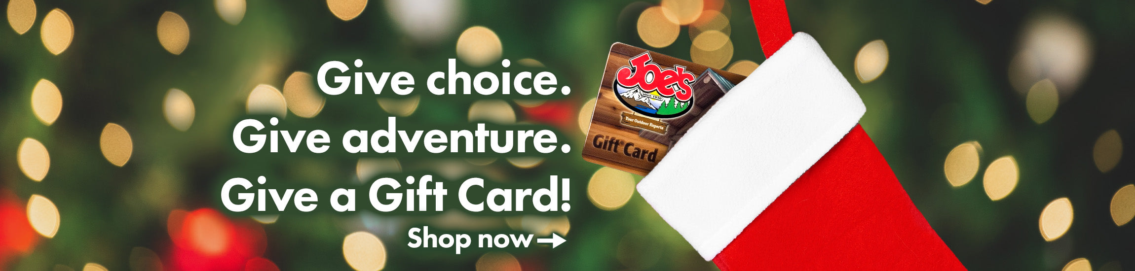 Give Choice. Give Adventure. Give a Gift Card!  The Joe's Sporting Goods gift card is the perfect gift for any out door enthusiast.  