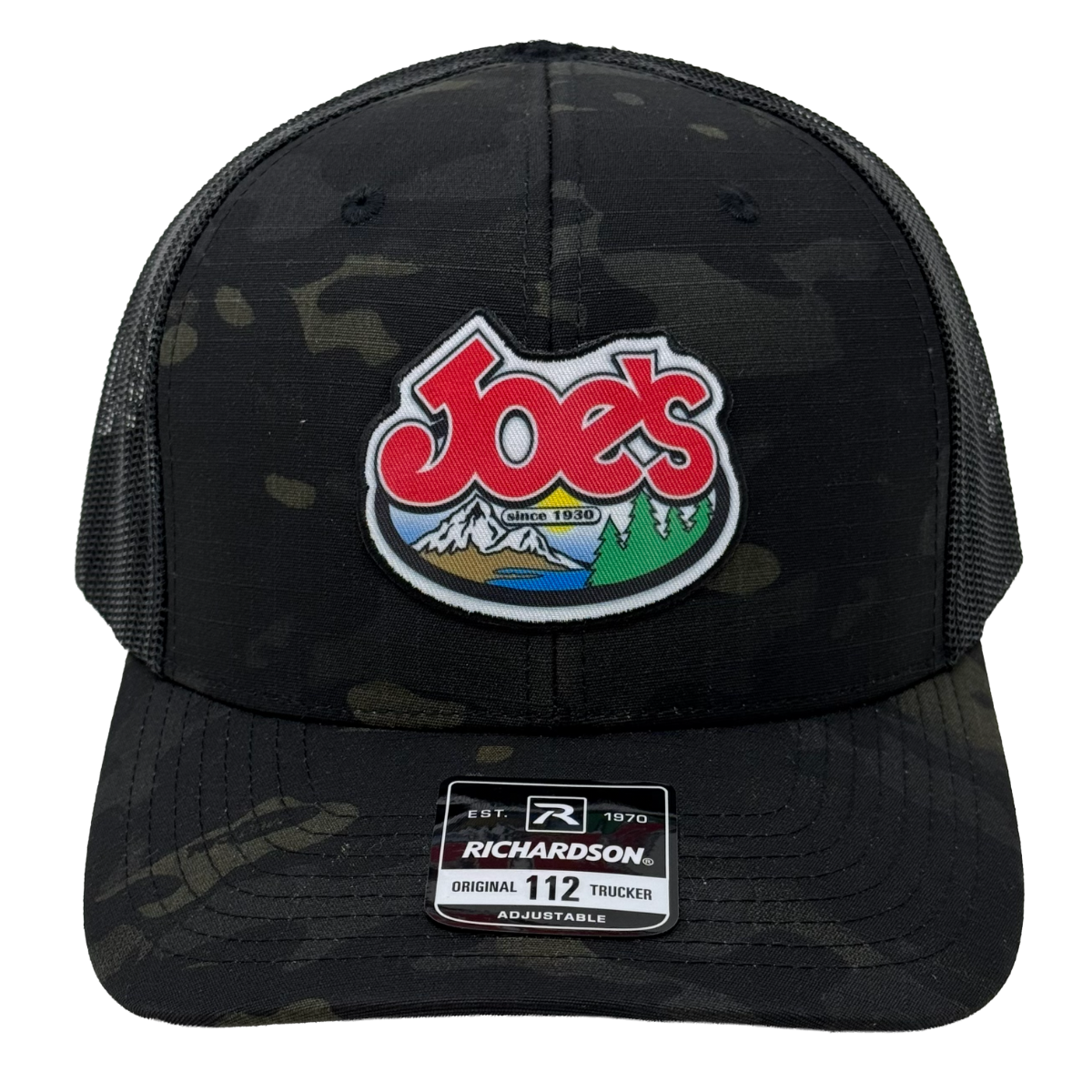 Black camouflage trucker hat with Joe's logo.