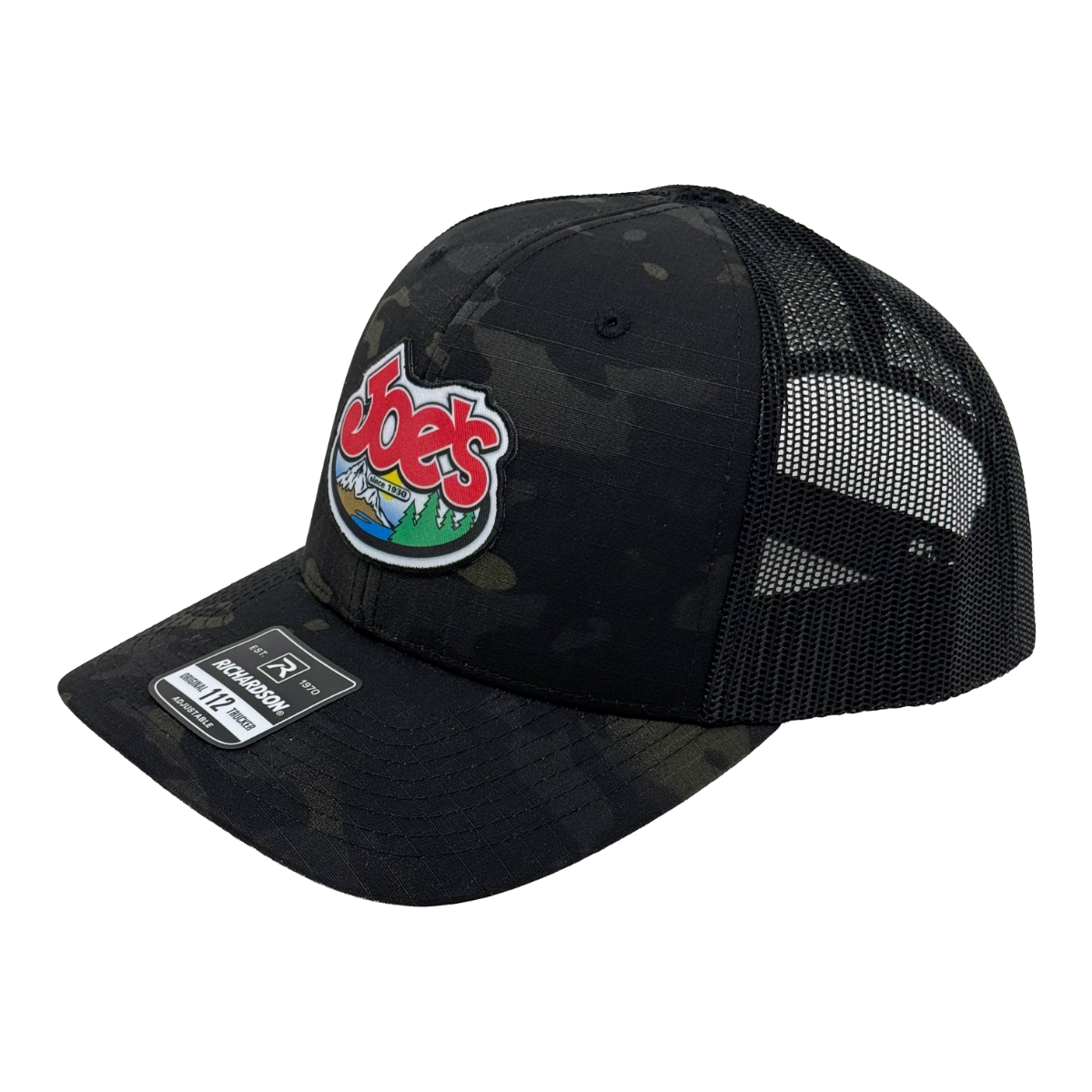 Black camouflage trucker hat with Joe's logo.