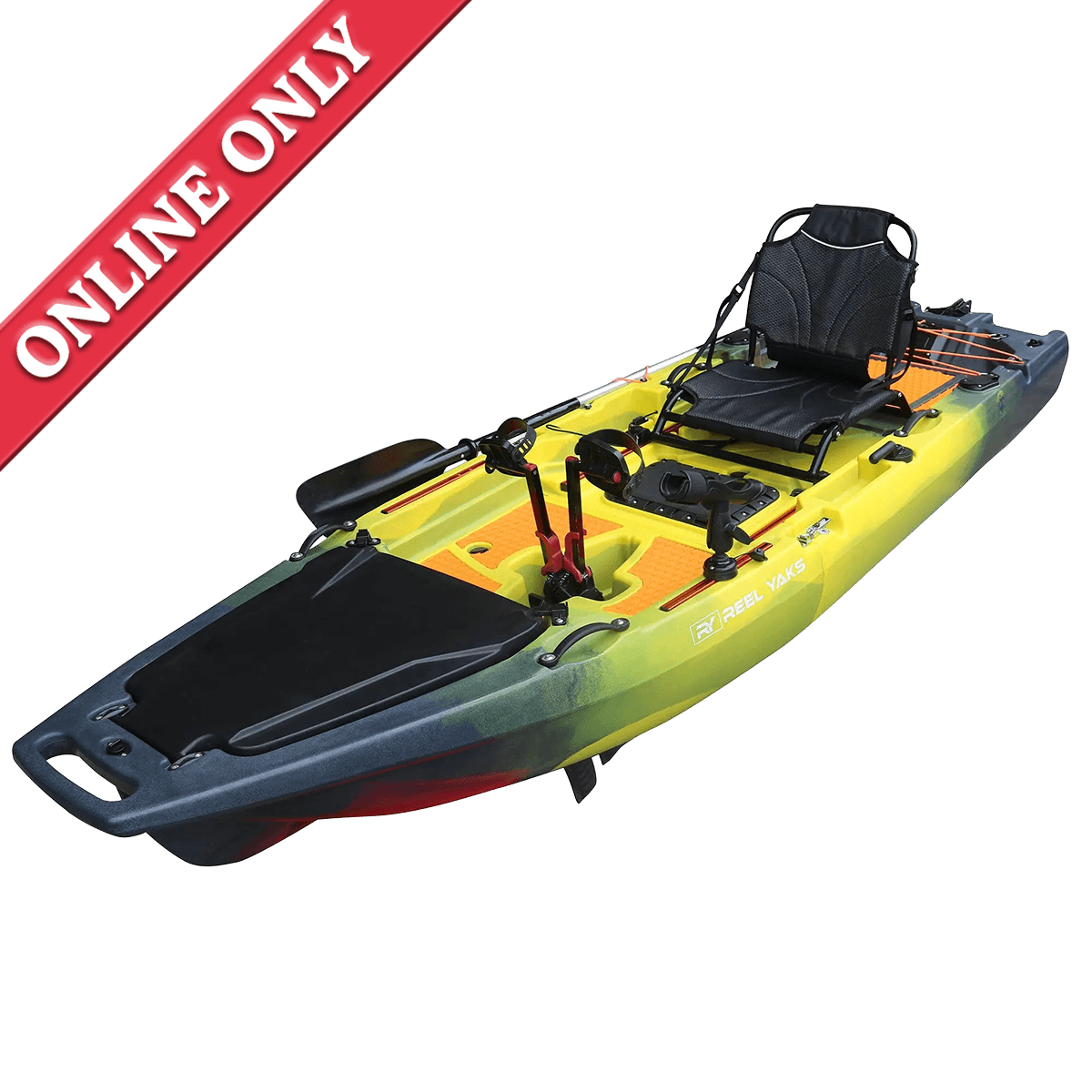 ReelYaks Rocket 9.8ft Fin Drive Modular Fishing Kayak showing that it's sold online only