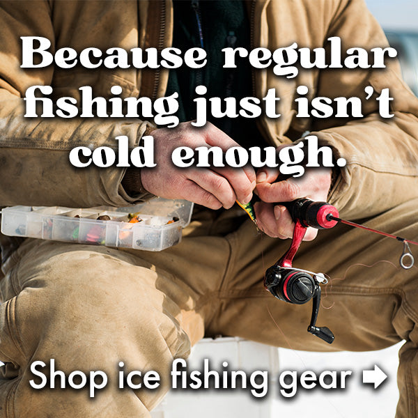 Person preparing ice fishing gear with text promoting ice fishing gear.