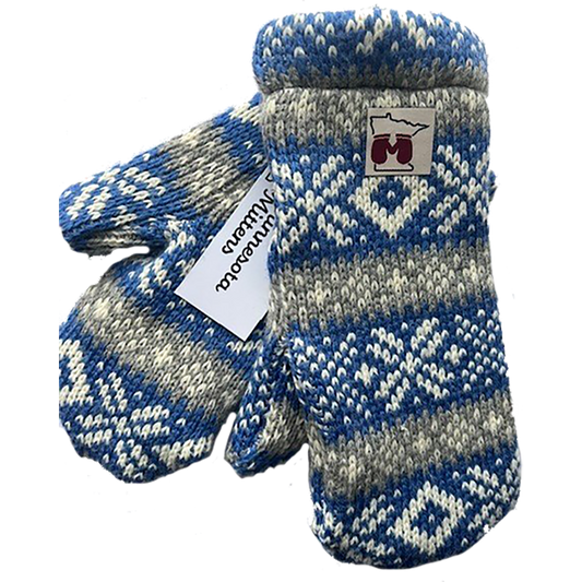 Winona Wool Fleece Mittens example in colorway Light Blue Silver Grey Khaki Snowflake
