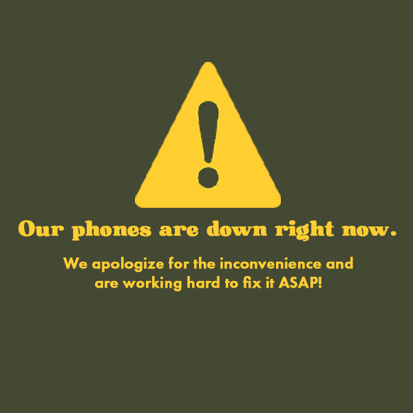 Yellow warning triangle with exclamation mark on a green background, apologizing for phone downtime.