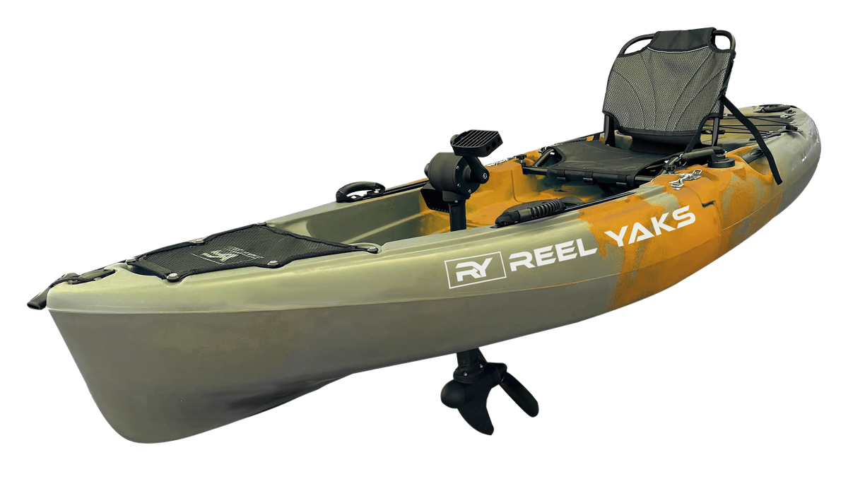 ReelYaks Raptor 9.5ft Propeller Drive Modular Fishing Kayak showing a green kayak