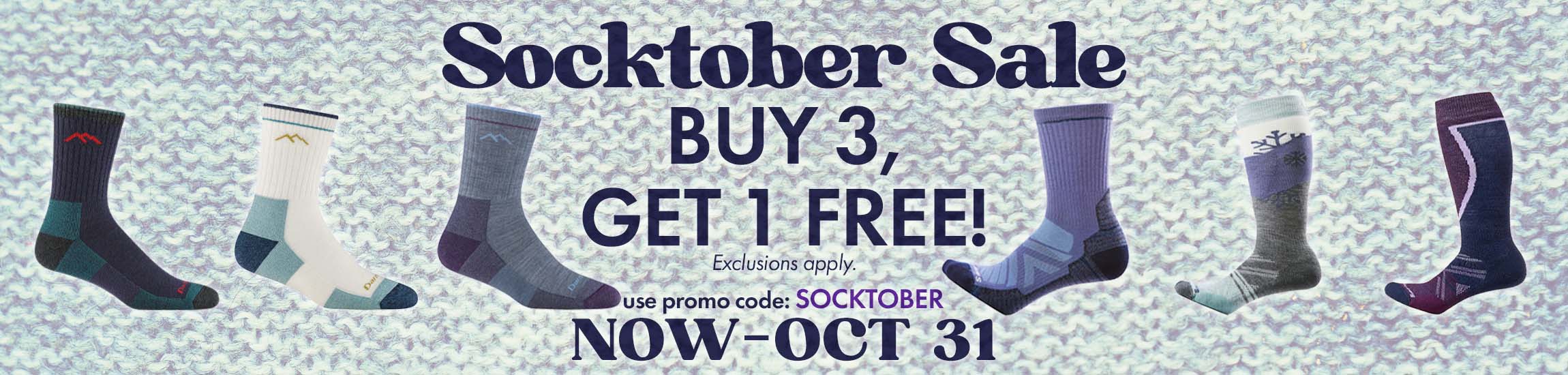 Promotional banner for Socktober Sale with images of socks and text offering a buy 3, get 1 free deal.